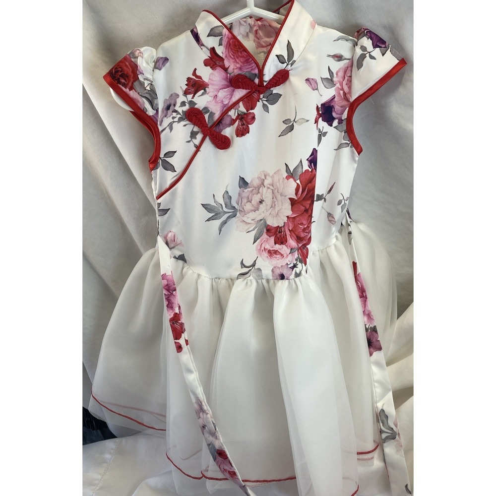 Girl Asian White Floral Print Qipao Tutu Dress Mesh Bow Tie Belt Size 4